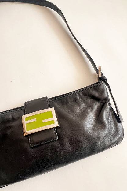 Vintage Fendi black leather mini shoulder baguette