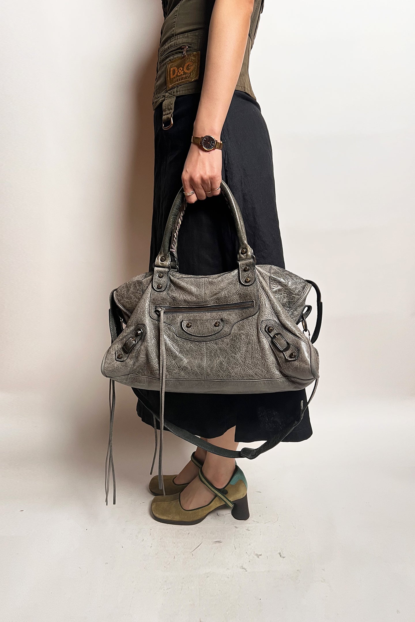 Vintage Balenciaga giant distressed grey leather city bag