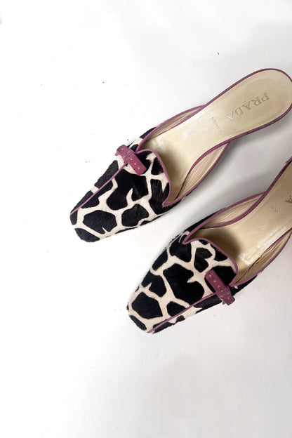 Vintage Prada zebra print cowhide kitten heel with pink suede trim 38