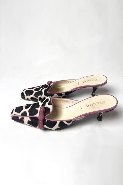 Vintage Prada zebra print cowhide kitten heel with pink suede trim 38