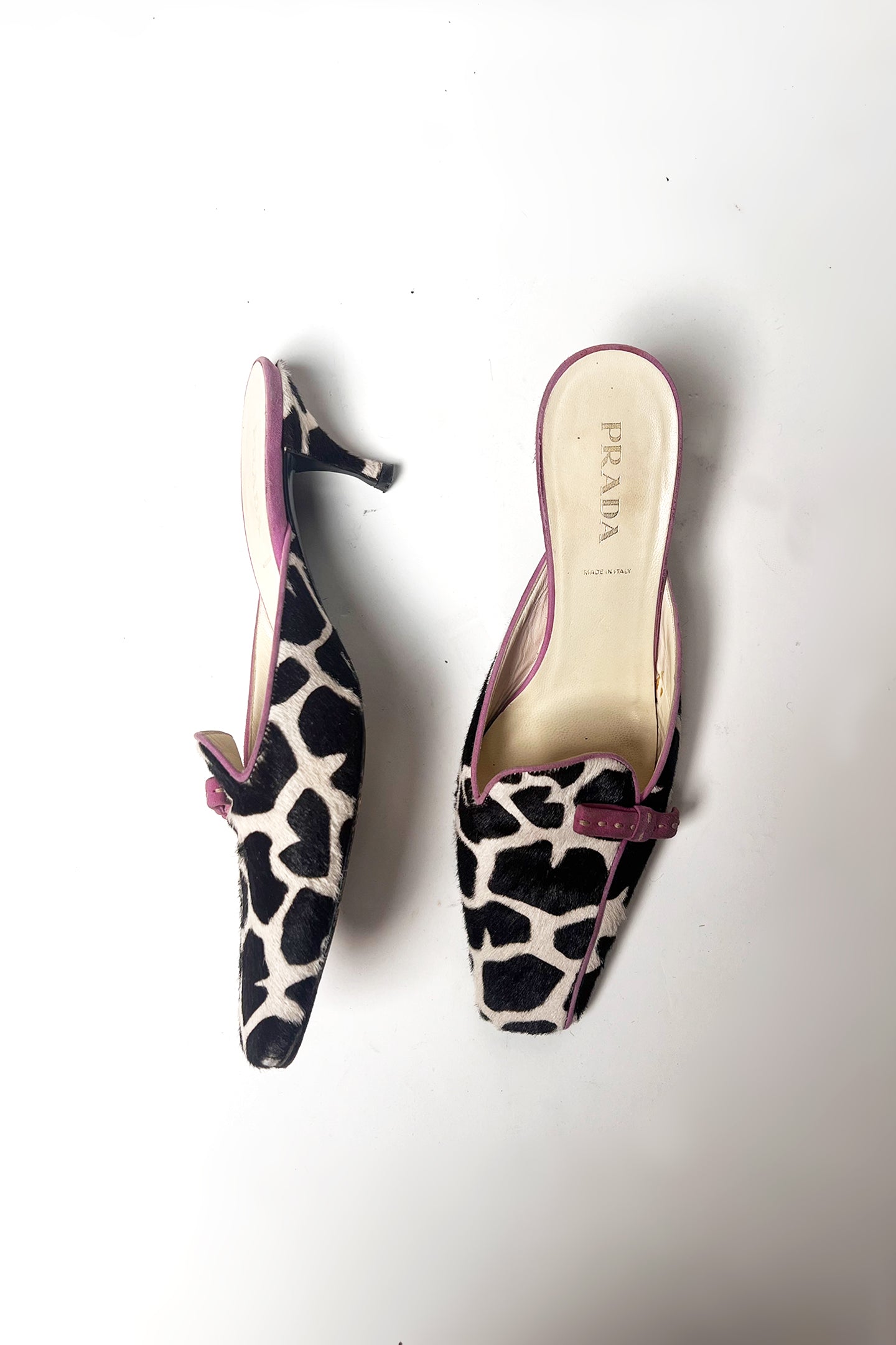 Vintage Prada zebra print cowhide kitten heel with pink suede trim 38