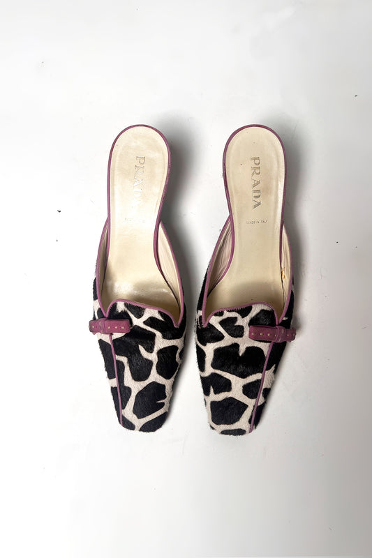 Vintage Prada zebra print cowhide kitten heel with pink suede trim 38